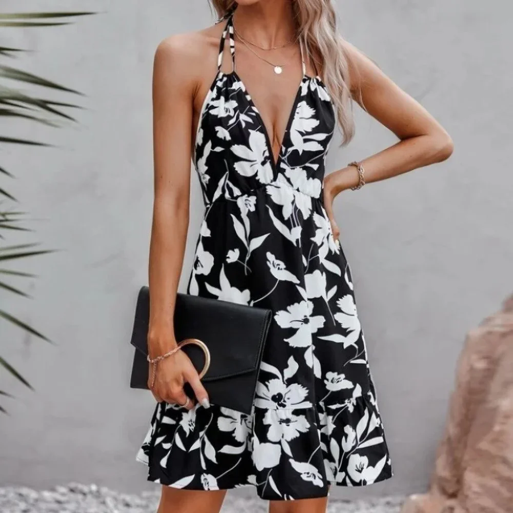 Boho Floral Backless Ruffle Hem Halter Dress black - Picture 6 of 6